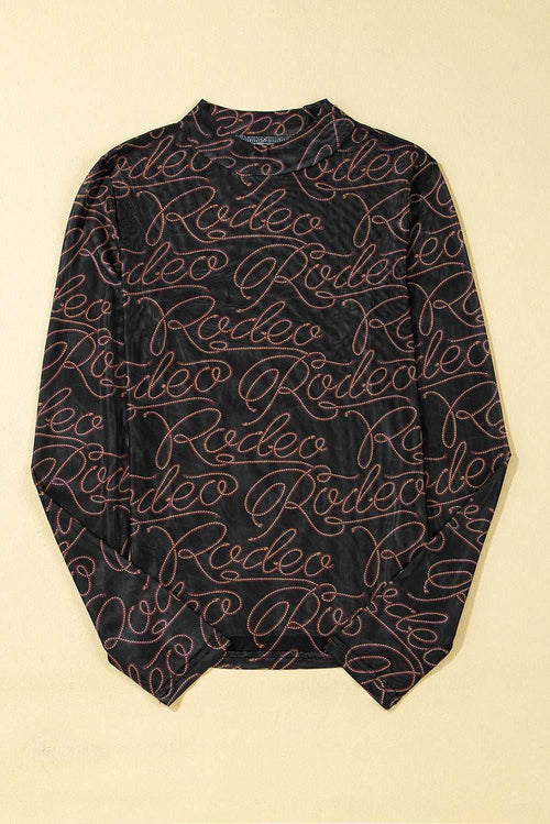 Black Western Rodeo Printed Mock Neck Long Sleeve Mesh Top - VacationGrabs