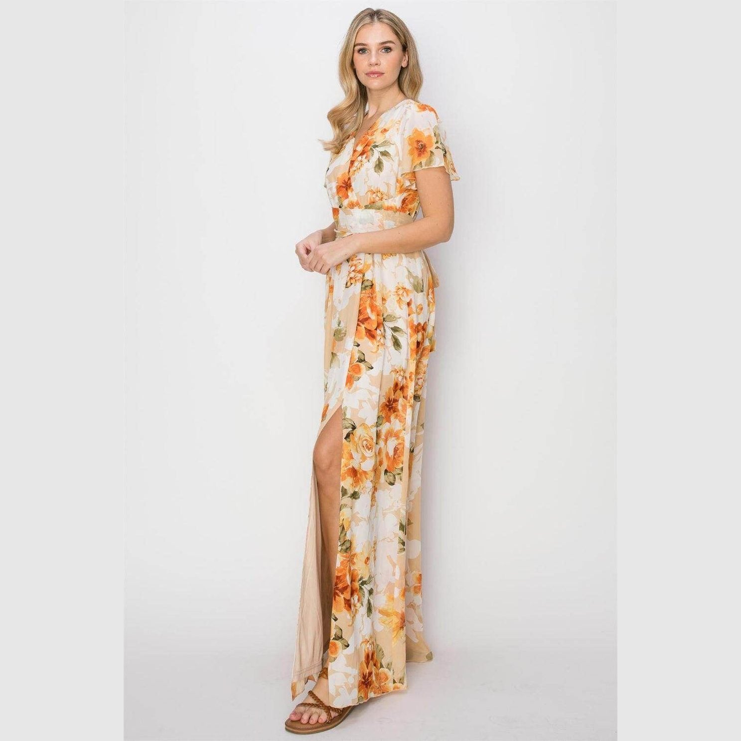 HYFVE Floral Tie Back Short Sleeve Slit Maxi Dress - VacationGrabs