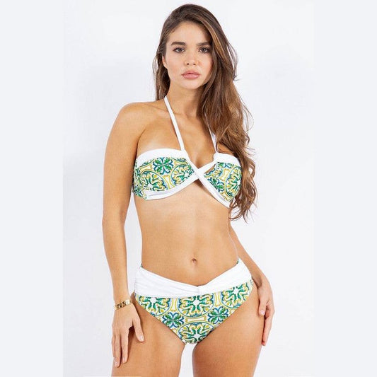Two Piece Floral Prints Criss Cross Halter Bikini - VacationGrabs