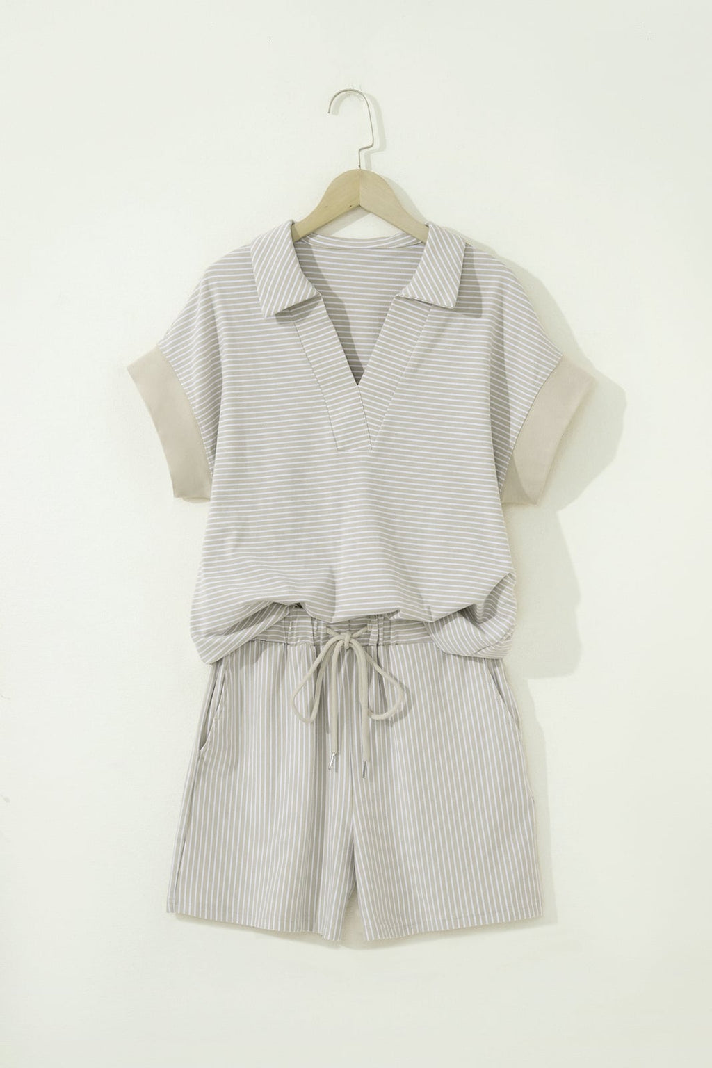 Stripe Dolman Sleeve Polo Shirt & Drawstring Shorts Set