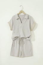 Stripe Dolman Sleeve Polo Shirt & Drawstring Shorts Set