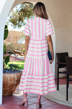 Stripe Ricrac Trim Notched Neck Midi Dress