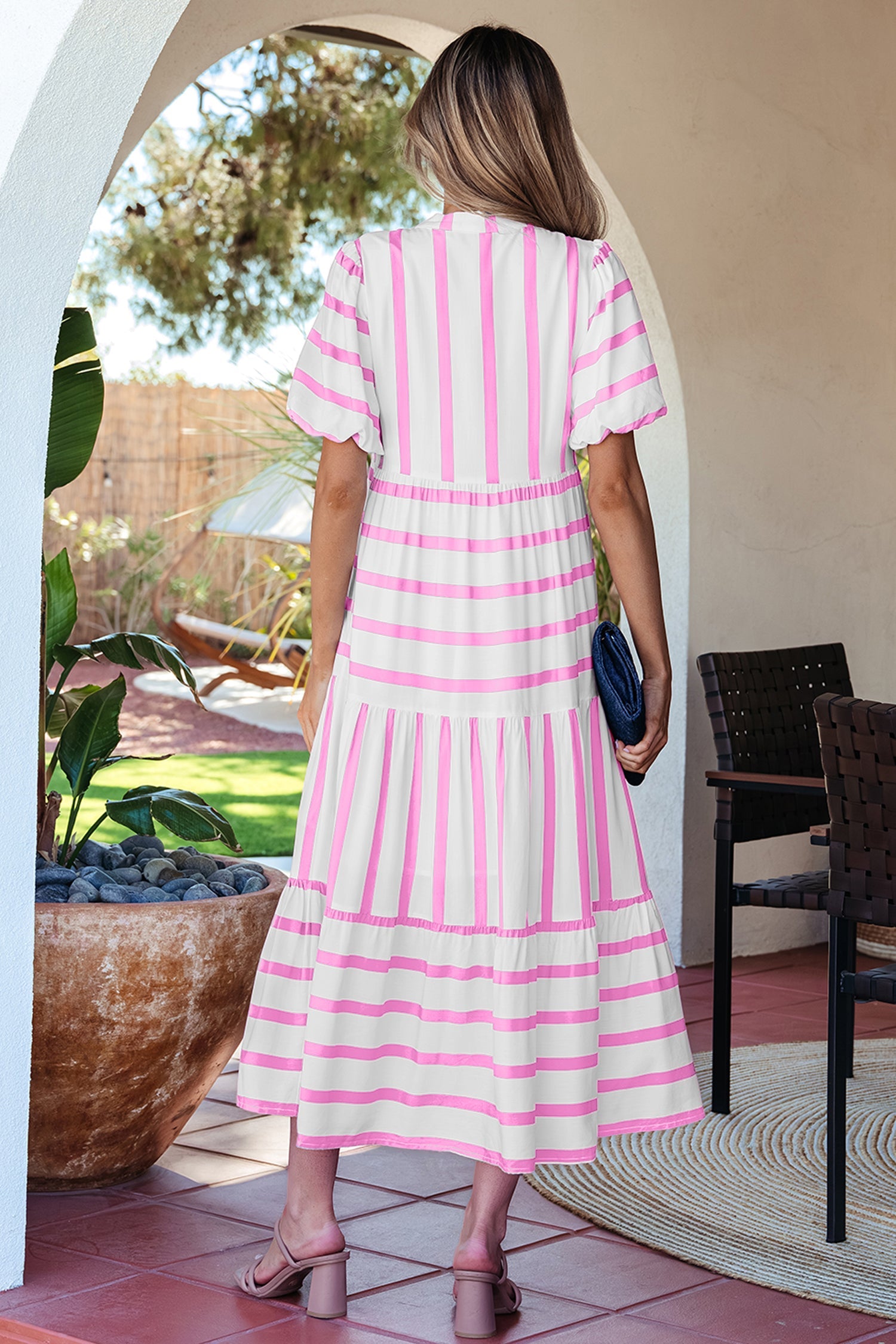 Stripe Ricrac Trim Notched Neck Midi Dress