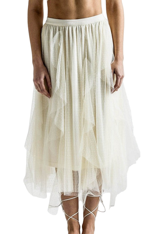 Waterfall PolkaDot Mesh Ruffle Midi Skirt