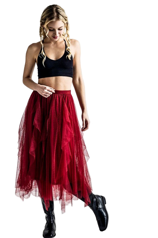 Waterfall PolkaDot Mesh Ruffle Midi Skirt