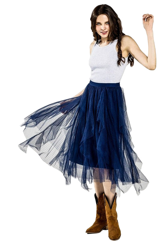 Waterfall PolkaDot Mesh Ruffle Midi Skirt