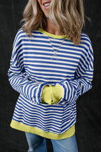 Blue Stripe Oversized Contrast Trim Pullover Sweatshirt - VacationGrabs