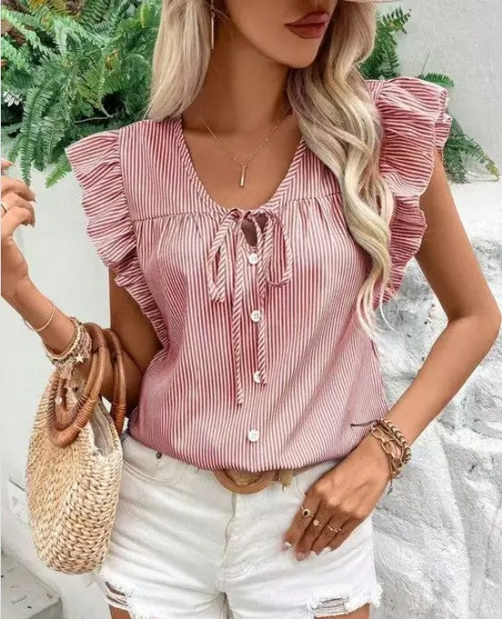 Women's Vacation Striped ruffle tie front blouse