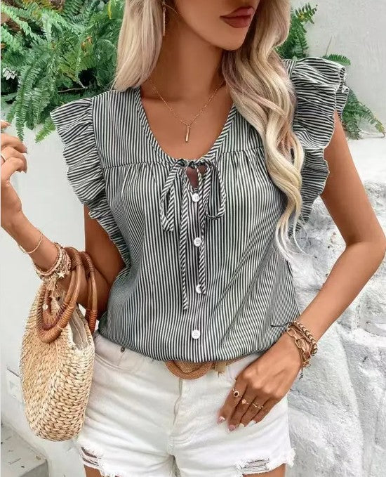 Women's Vacation Striped ruffle tie front blouse