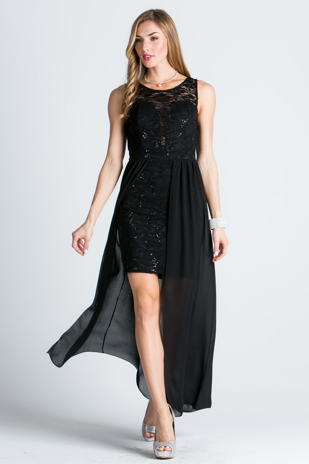 HIGH LOW OVERLAY LACE DRESS