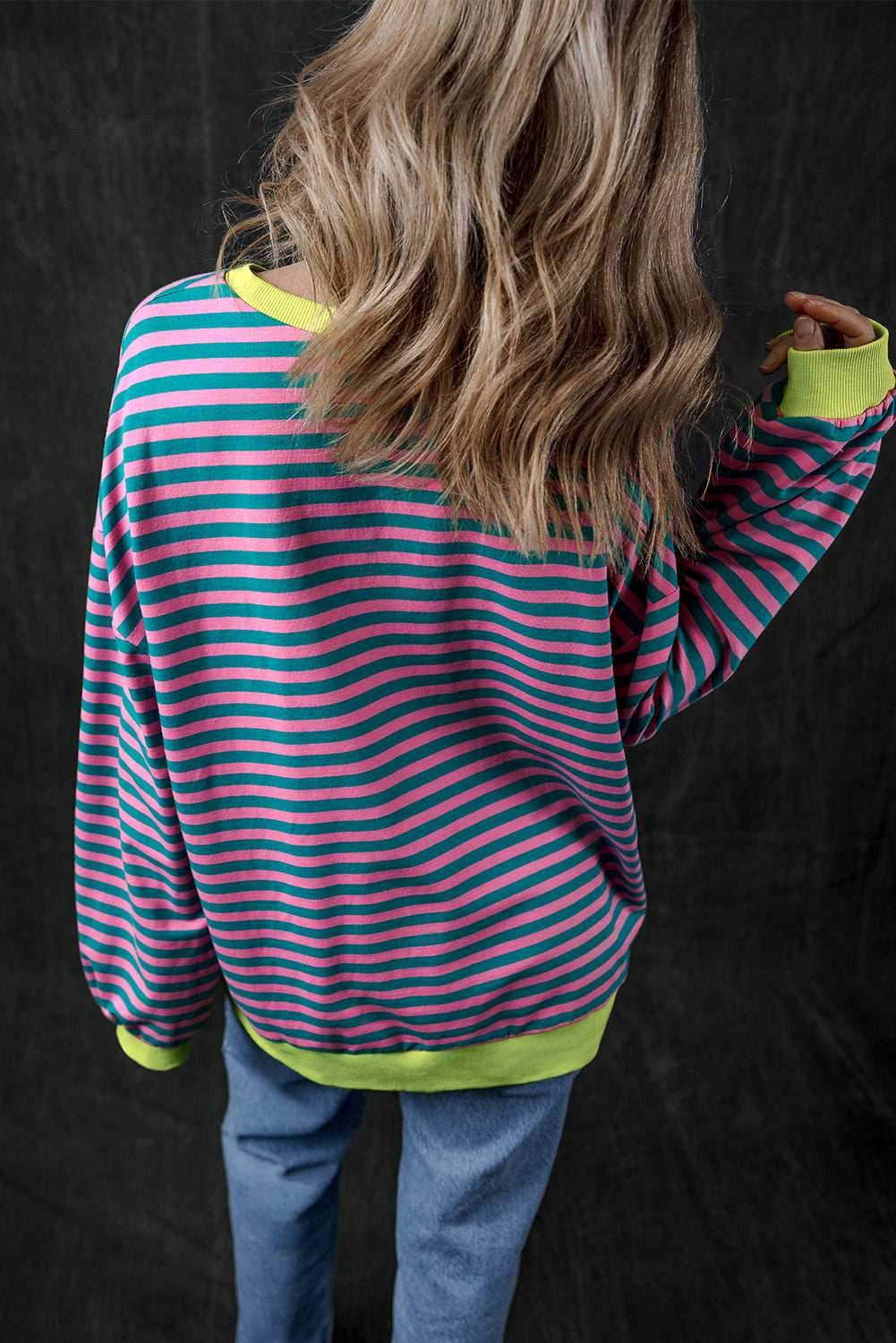Green Stripe Oversized Contrast Trim Pullover Sweatshirt - VacationGrabs