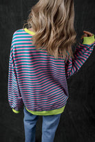Green Stripe Oversized Contrast Trim Pullover Sweatshirt - VacationGrabs