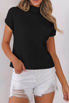 Black Patch Pocket Ribbed Knit Short Sleeve Sweater - VacationGrabs