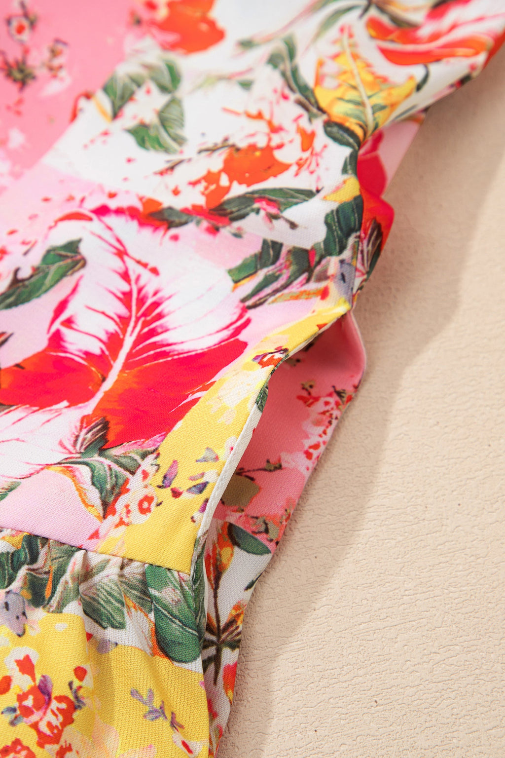 Floral Colorblock Trim V-Neck Ruffle Mini Dress
