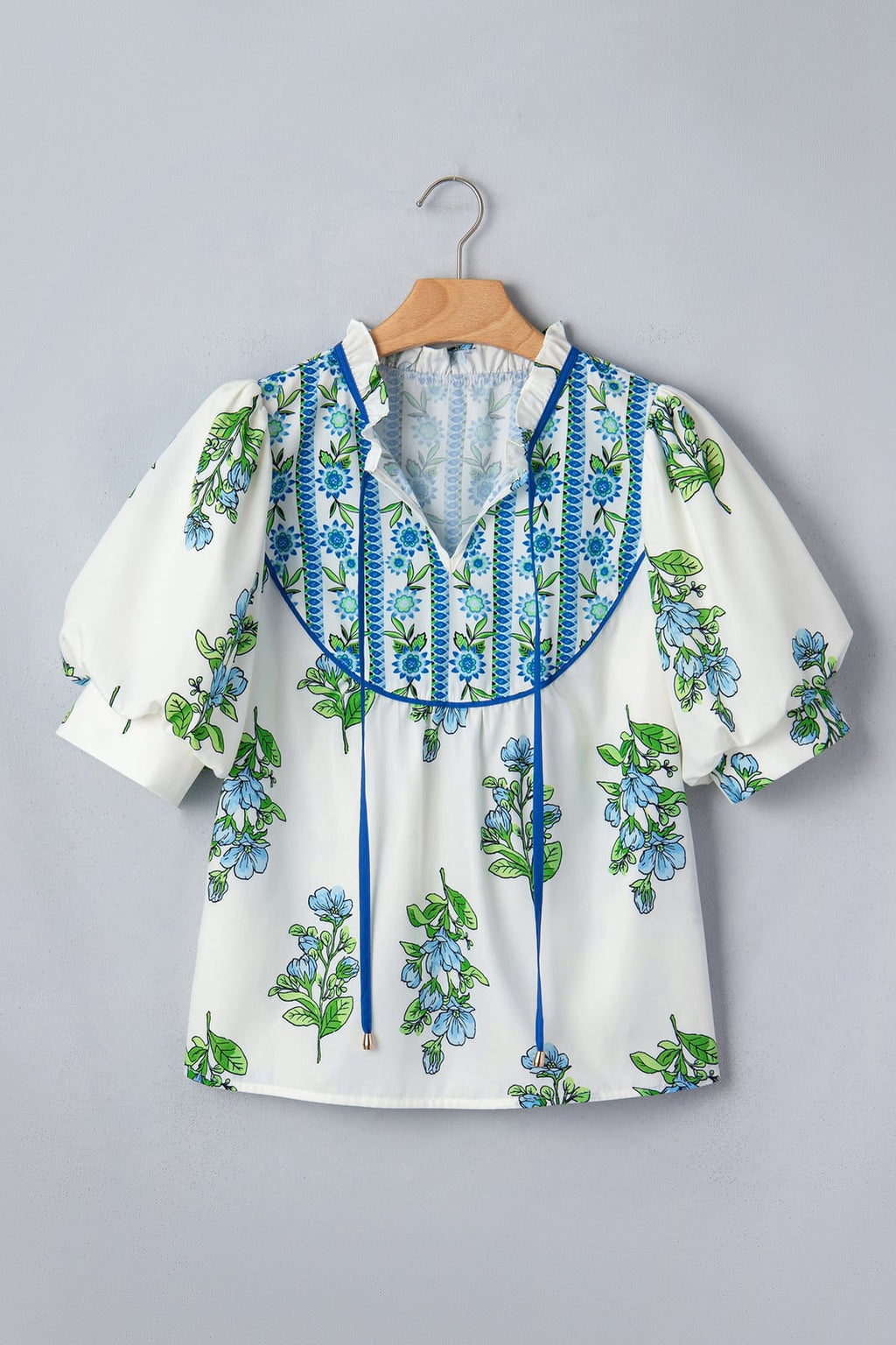 Floral Contrast Trim Tie Neck Blouse