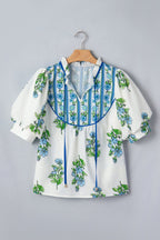 Floral Contrast Trim Tie Neck Blouse