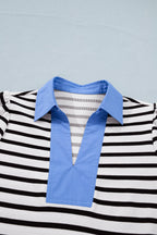 Stripe Colorblock Puff Sleeve Polo Collar Blouse
