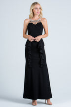 Embellished neck and ruffle detailed crepe gown.