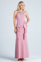 Embellished neck and ruffle detailed crepe gown.