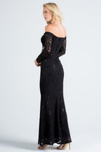 Off the shoulder long sleeve sweetheart sequin lace gown with waist embellishment.