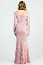 Off the shoulder long sleeve sweetheart sequin lace gown with waist embellishment.