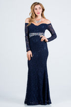 Off the shoulder long sleeve sweetheart sequin lace gown with waist embellishment.