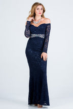 Off the shoulder long sleeve sweetheart sequin lace gown with waist embellishment.