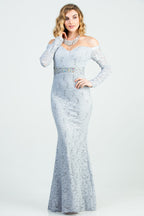 Off the shoulder long sleeve sweetheart sequin lace gown with waist embellishment.
