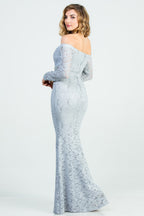 Off the shoulder long sleeve sweetheart sequin lace gown with waist embellishment.