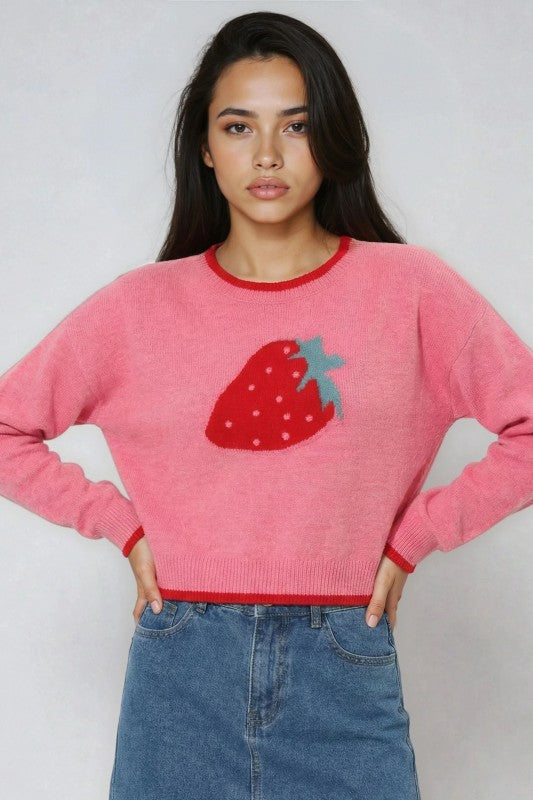 Women's Vacation Strawberry Print Knit Sweater