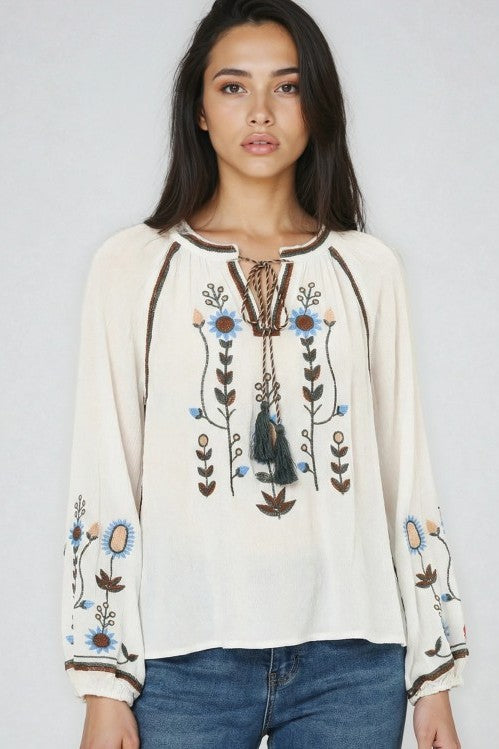 Women's Vacation Bohemian Embroidered Floral  Blouse
