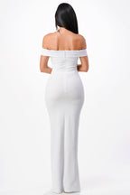 Off the shoulder cross front scuba crepe long side slit gown