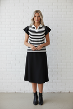 Stripe Collar V-Neck Ruffle Short Sleeve Blouse