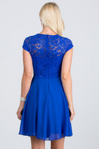Lace and wool dobby, cap sleeve, fit and flare dress with waist embellishment.