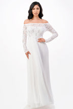 Long sleeve lace and chiffon A-line gown with waist lace embellishment.