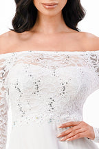 Plus Size long sleeve lace and chiffon gown with waist lace embellishment.