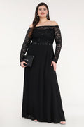 Plus Size long sleeve lace and chiffon gown with waist lace embellishment.
