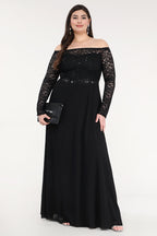 Plus Size long sleeve lace and chiffon gown with waist lace embellishment.