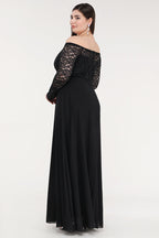 Plus Size long sleeve lace and chiffon gown with waist lace embellishment.