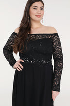 Plus Size long sleeve lace and chiffon gown with waist lace embellishment.