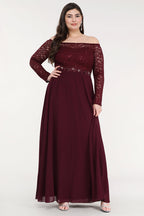 Plus Size long sleeve lace and chiffon gown with waist lace embellishment.