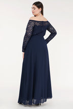 Plus Size long sleeve lace and chiffon gown with waist lace embellishment.