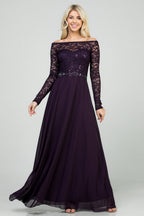 Plus Size long sleeve lace and chiffon gown with waist lace embellishment.