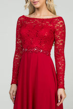 Plus Size long sleeve lace and chiffon gown with waist lace embellishment.