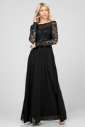 Long sleeve lace and chiffon A-line gown with waist lace embellishment.