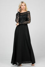 Long sleeve lace and chiffon A-line gown with waist lace embellishment.
