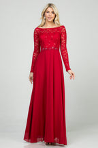 Long sleeve lace and chiffon A-line gown with waist lace embellishment.