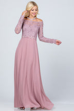 Long sleeve lace and chiffon A-line gown with waist lace embellishment.