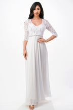 3/4 lace and chiffon A-line dress with rhinestones waist embellishment.