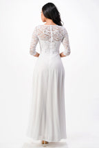 3/4 sleeve lace and chiffon A-line dress with waist embellishment